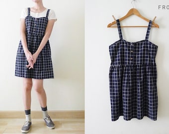 VTG Navy and White PLAID overall mini dress, Gingham dungarees, Check romper, GRID pinafore, jumper, zakka, cute, babydoll, Sweet Heart, S-M