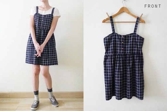 VTG Navy and White PLAID overall mini dress, Ging… - image 1