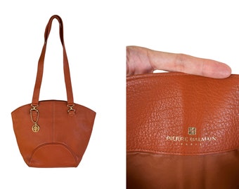 80s Pierre Balmain Terracotta Orange Brown Genuine leather shoulder bag with matte gold logo charm,minimaist,Designer shopping bag, tote bag