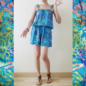 Vintage Dead stock BATIK Pastel Tie dye spaghetti strap jumpsuit, jumper,summer romper, pockets,elastic bust / waistband,one piece,free size