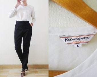 80s Plain White Yves Saint Laurent Chemisiers long sleeve top, Designer blouse, back button shirt,secretary, YSL, formal, minimalist, Small