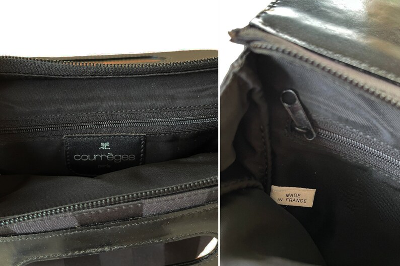 May include: Black Courr&egrave;ges handbag with a zipper closure. The interior features a black lining and a leather tag with the brand name. The bag is marked "Made in France".