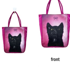 90s ANYA HINDMARCH London Black Cat Kitsch Printed mini handbag, Small size Vintage Kitten Photo handbag, Designer bag, logo at front image 3
