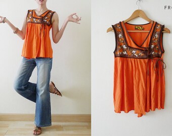 90s Orange and brown tone sleeveless wrap Top, embroidery and embellish details at front, hippie Blouse, summer, Indian style, boho, Small