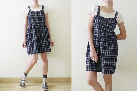 VTG Navy and White PLAID overall mini dress, Ging… - image 5