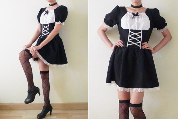 90s Black and White mini dress, doll sleeves,goth… - image 3
