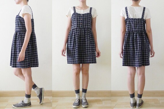 VTG Navy and White PLAID overall mini dress, Ging… - image 9