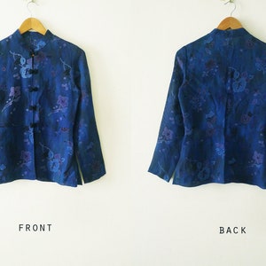 Good Cutting 70s Blue Cheongsam / QiPao Chinese top,semi sheer,long sleeve,mandarin collar shirt,Florals printed,exotic,oriental,Asian,Small image 9