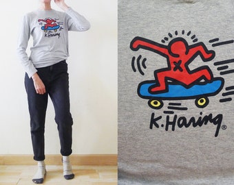 90s Vintage Keith Haring Long Sleeve T-Shirt: Skating Doodle Art, Streetwear, (S)