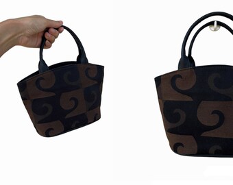 Vintage Pierre Cardin Fan Shaped Small Size top handle bag, brown and black Monogram Signature logo fabric mini handbag, Designer
