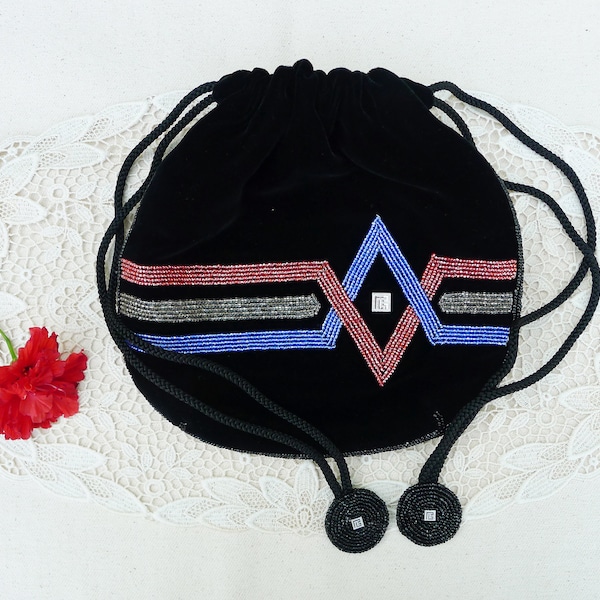80s Black Velvet Pierre Balmain drawstring Beaded pouch in graphic patttern,Evening bag, Signature logo, collectible,Art deco, made in Japan