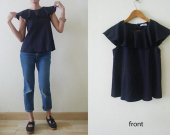 Max & Co. Boho dark navy ruffle collar neckline blouse, peasant picnic top,sweet and romantic, Coachella, summer shirt, hippie, gypsy, Small