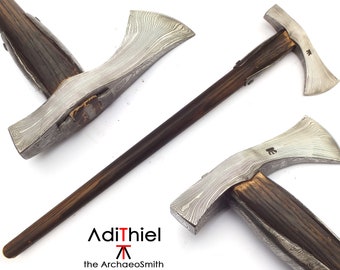 BN_06c - Small Damascus Steel Viking Broad AXE, Kitchen AXE or Woodworking  AXE with Leather Sheath - Adithiel