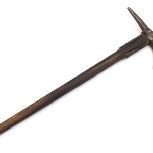 May include: A brown wooden handled axe with a metal head. The axe is isolated on a white background.