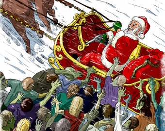Santa in Sleigh Fighting Zombies Wrapping Paper