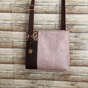Pink brown Cork Crossbody Bag, leopard print