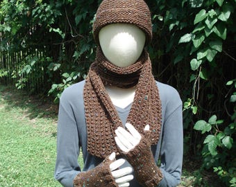 Brown Hat, Scarf, and Fingerless Gloves Set with Drops of Rainbow