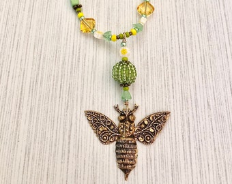 Natural Brass Majestic Bee Pendant Necklace ~ Boho Beaded Necklace ~ Green and Yellow ~ Summer Jewelry ~ Flower Beads ~ WestportCharm