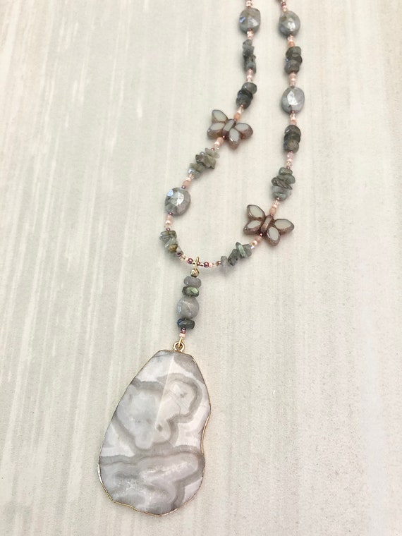 Peach Moonstone and Labradorite Bead Necklace ~ Cloud Gray Agate Pendant ~ Butterfly Necklace ~ Boho ~ Sister ~ Gift for Her ~ WestportCharm
