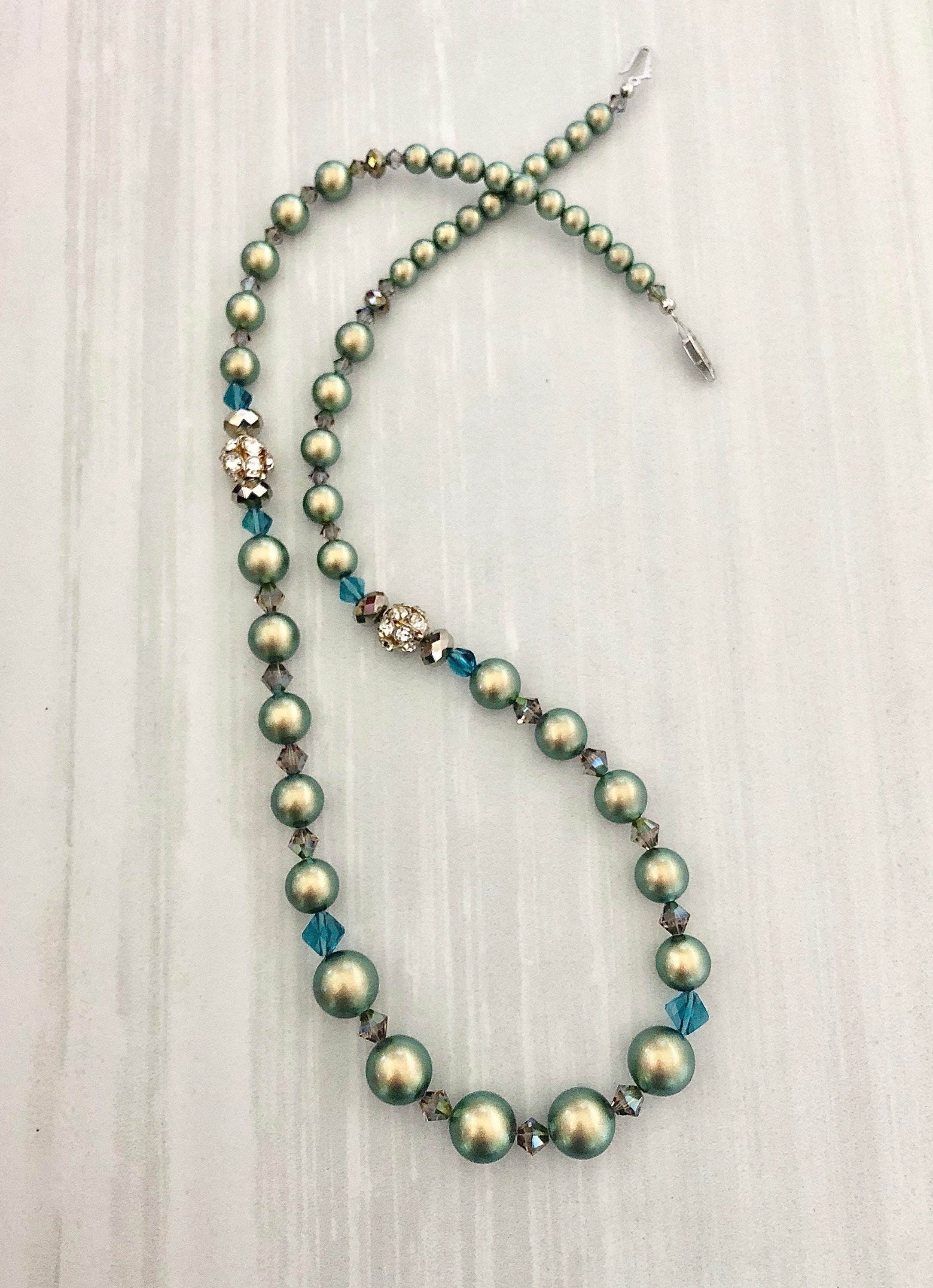 Iridescent Green Swarovski Pearl and Crystal Beaded Necklace Statement ...
