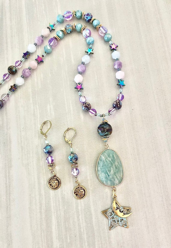 Mystic Aura Celestial Pendant Necklace ~ Amazonite Beaded Stone Necklace ~ Gemstone ~ Star and Moon Charms ~ Gift for Her ~ WestportCharm