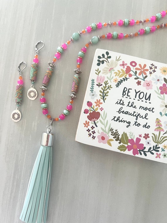 Tassel Necklace ~ Boho Bead Necklace ~ Bead Earrings ~ Green ~ Pink Paisley ~ Colorful ~ Rhodochrosite Stone ~ Hippie ~ WestportCharm