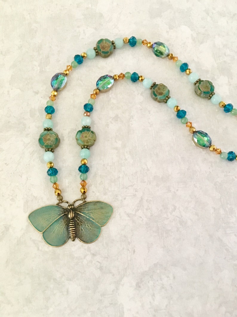 Verdigris Butterfly Pendant Bead Necklace ~ Stone Necklace ~ Green and Blue Necklace ~ Flower Necklace ~ Best Friend Gift ~ WestportCharm
