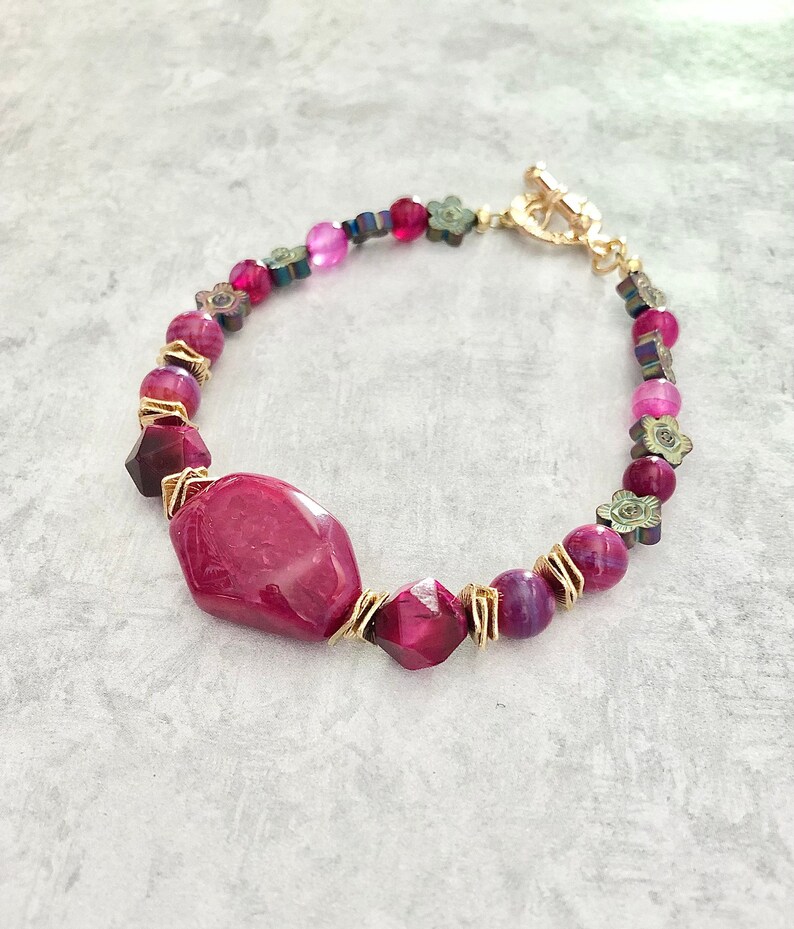 Magenta Agate Stone Bracelet ~ Boho Bead Bracelet ~ Pink Gemstone Bracelet ~ Flower Beads ~ Toggle Bracelet ~ Gift for Her ~ WestportCharm