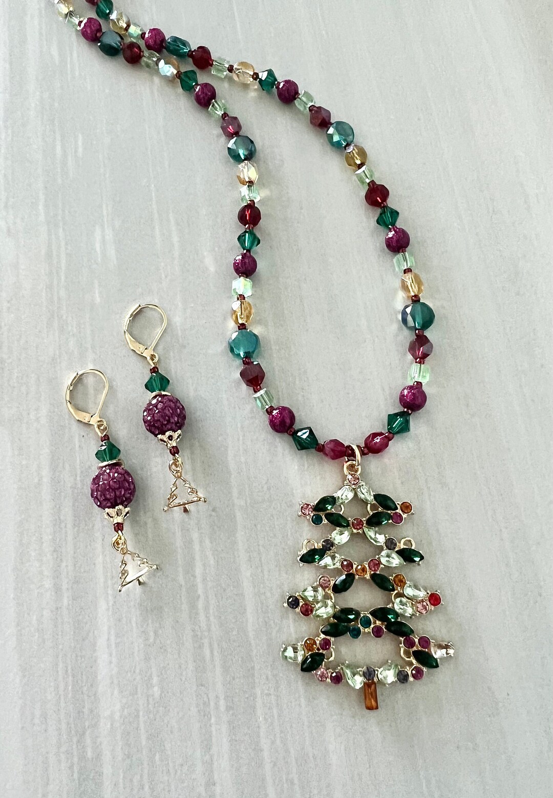 Pastel Crystal Christmas Tree Pendant Necklace Beaded Etsy