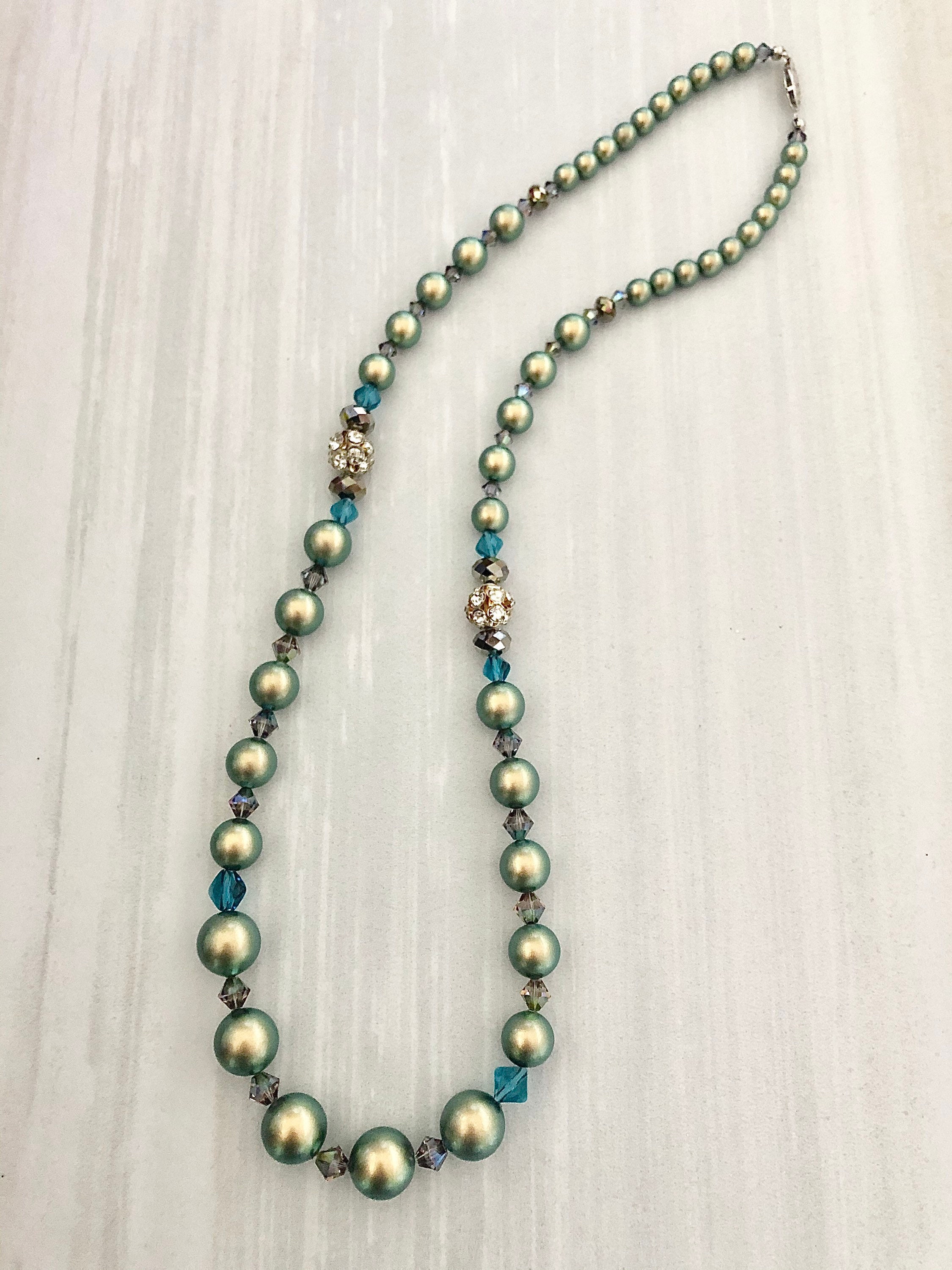 Iridescent Green Swarovski Pearl and Crystal Beaded Necklace Statement ...