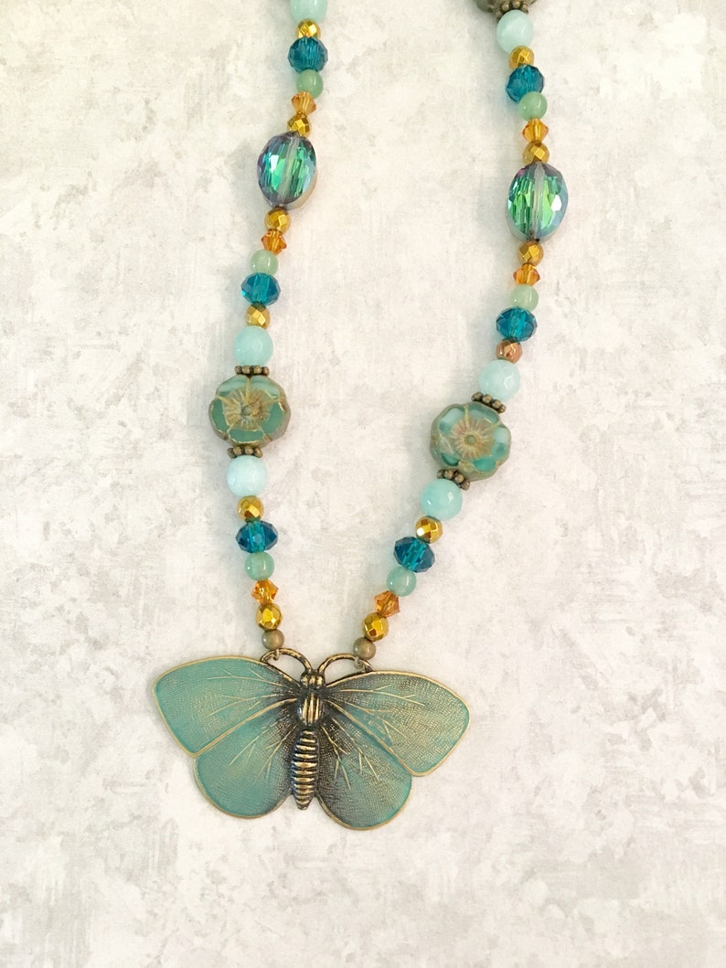 Verdigris Butterfly Pendant Bead Necklace ~ Stone Necklace ~ Green and Blue Necklace ~ Flower Necklace ~ Best Friend Gift ~ WestportCharm