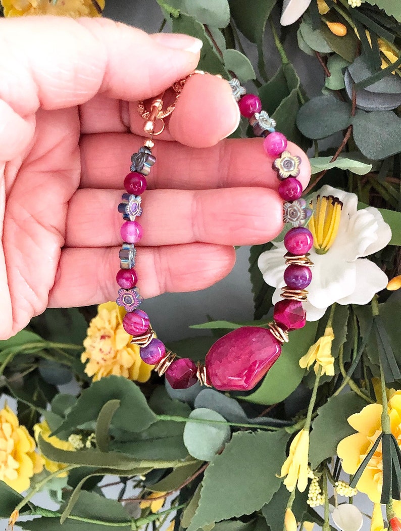 Magenta Agate Stone Bracelet ~ Boho Bead Bracelet ~ Pink Gemstone Bracelet ~ Flower Beads ~ Toggle Bracelet ~ Gift for Her ~ WestportCharm