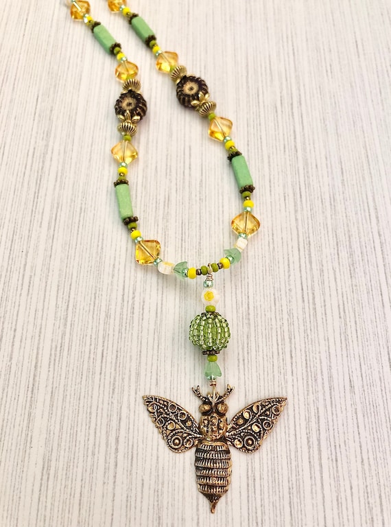 Natural Brass Majestic Bee Pendant Necklace ~ Boho Beaded Necklace ~ Green and Yellow ~ Summer Jewelry ~ Flower Beads ~ WestportCharm
