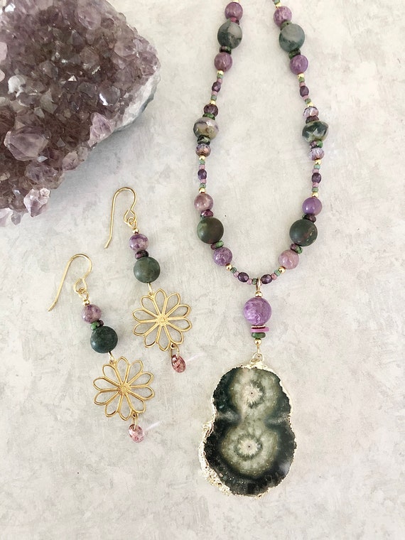 Stalactite Jasper Pendant Necklace ~ Stone Beaded Necklace Set ~ Boho ~ Colorful Jewelry ~ Hippie Style ~ Purple and Green ~ WestportCharm