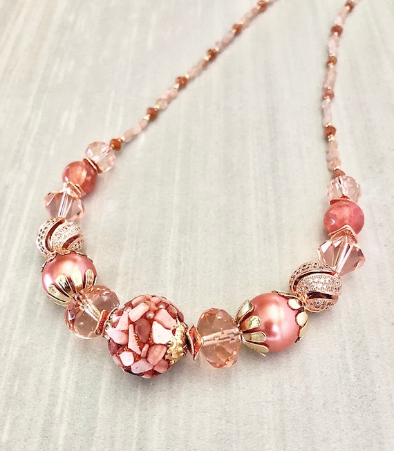 Burnt Coral Beaded Statement Necklace ~ Rose Gold ~ Special Occasion ~ Dressy Necklace Set ~ Pave ~ Boho Chic ~ Gift for Her ~ WestportCharm