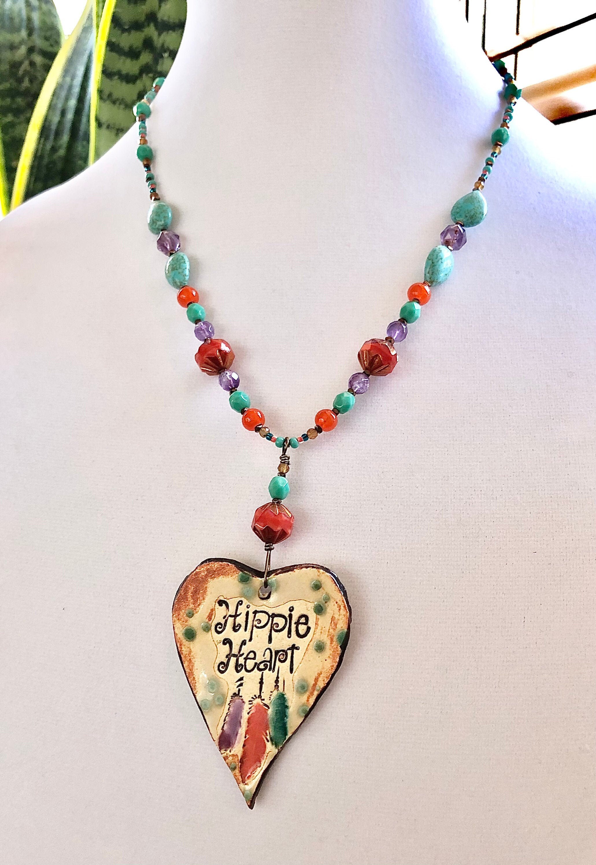 Hippie Heart Pendant Necklace Boho Bead Necklace Amethyst Etsy