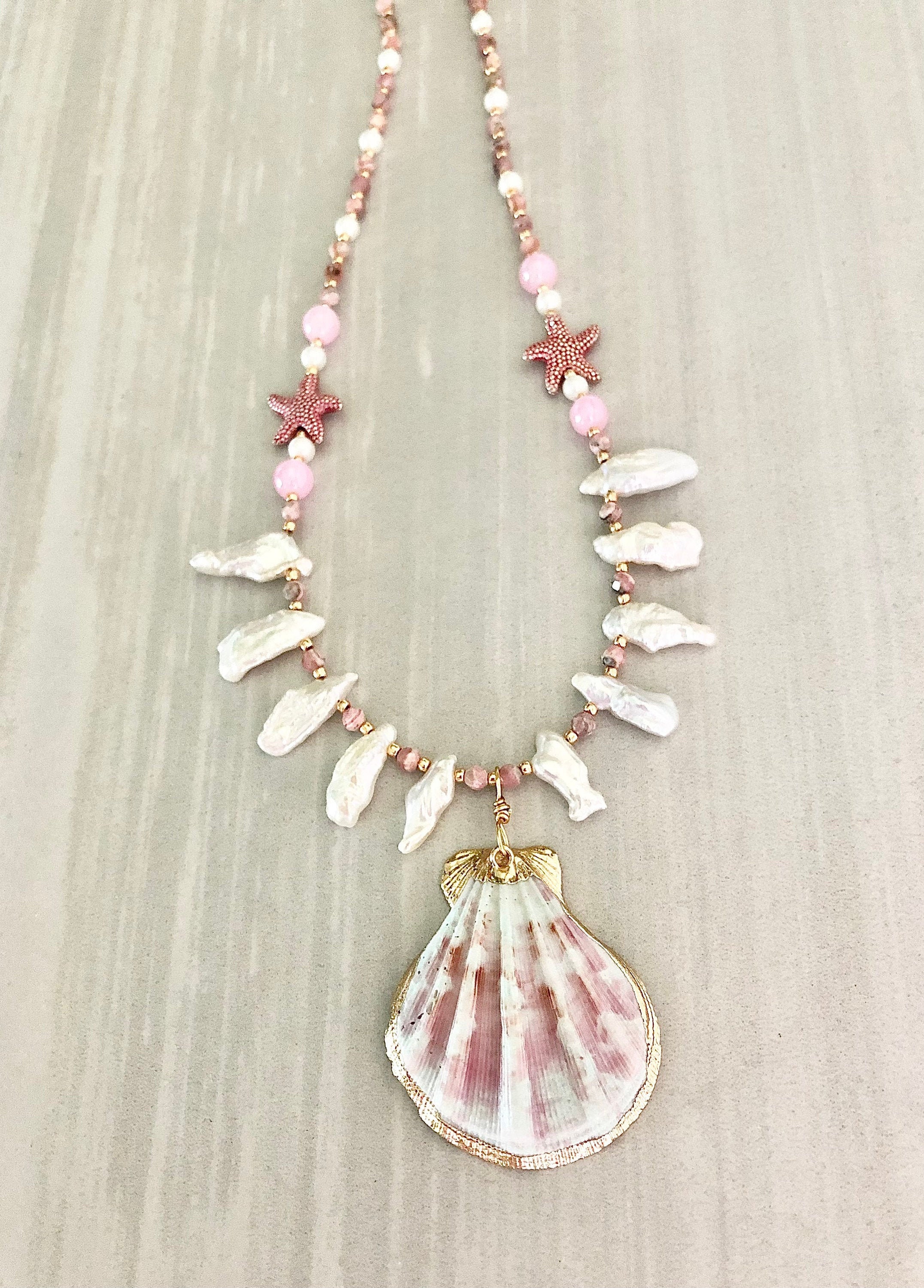 Scallop Shell Pendant Necklace Gemstone Beaded Necklace Set Etsy