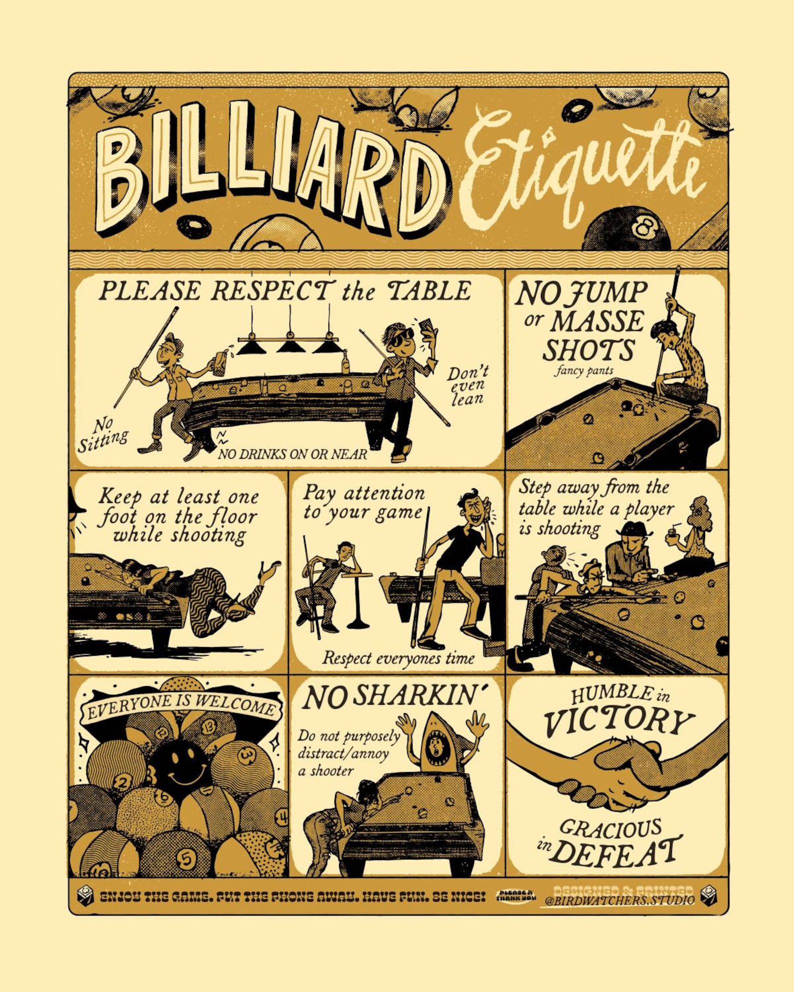 Billiard Etiquette Poster 16 X 20 Screen Print Game Room Rules Wall Art