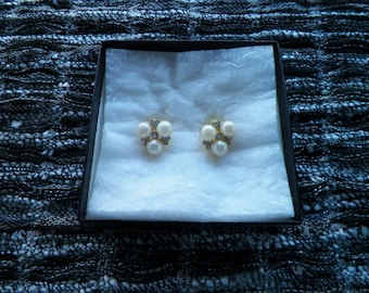 Lovely Faux Pearl and Rhinestone Pierced Earrings