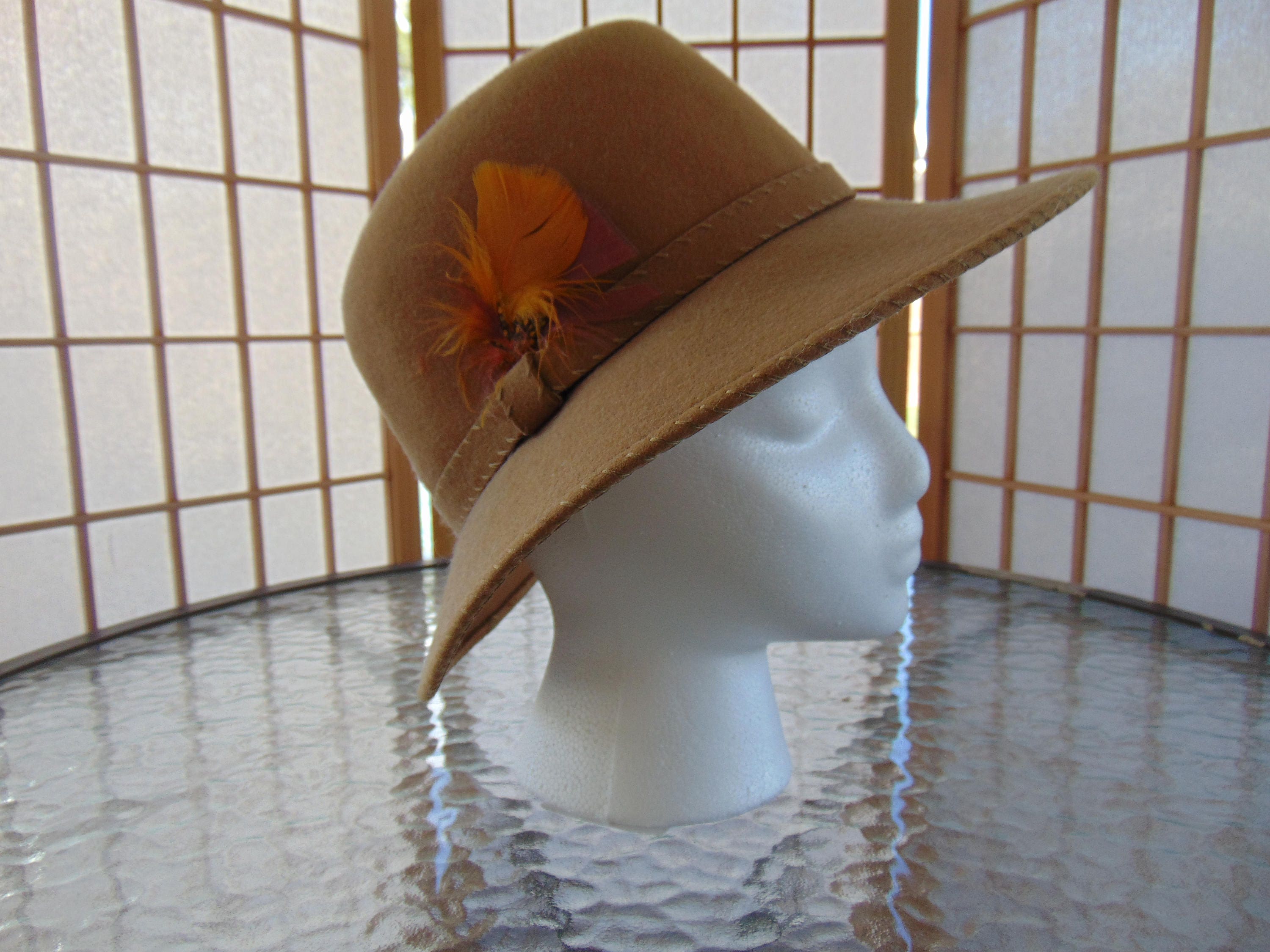 Mr. K vintage 100% wool fedora w/velvet band Vintage Mr. K Tan Fedora: 100% Wool Felt Feather Hat - Etsy main image 4