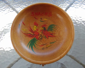 Wooden Rooster Wheel Barrow Snack Bowl 1950s