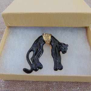 Halloween Black Cat Brooch with Rhinestone Middle and Green Rhinestone Eyes