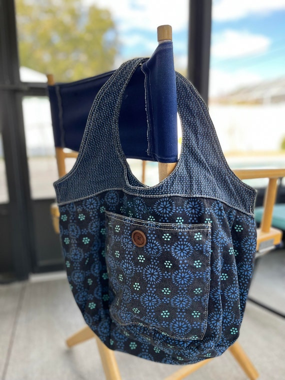 Large Denim Flower Power Tote Bag