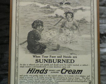 Framed Original Printing of Hinds Honey and Almond Cream for Sunburns Ad from 1915