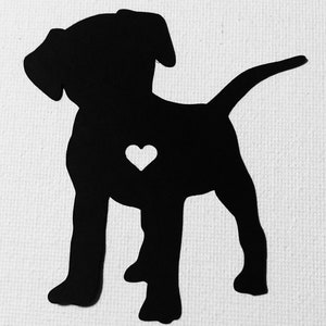 May include: Black silhouette of a puppy with a white heart cutout on its chest.
