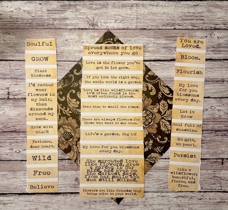 Puede incluir: Un collage de tiras de papel con citas y frases inspiradoras en un estilo vintage. La pieza central es un rombo con motivos florales. Las tiras incluyen palabras como "Soulful", "Bloom" y "Believe".