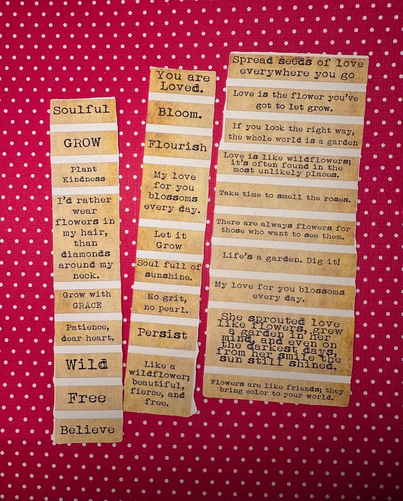 Puede incluir: Tres tiras de papel con citas y frases inspiradoras sobre un fondo rojo de lunares. Las frases incluyen "You are Loved", "Bloom", "Flourish", "Grow" y "Spread seeds of love everywhere you go."