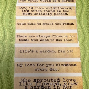 Puede incluir: Un collage de tiras de papel con citas inspiradoras sobre el amor y la naturaleza. El texto est&aacute; impreso en una fuente de m&aacute;quina de escribir vintage. El fondo es un patr&oacute;n floral verde.