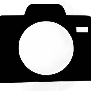 May include: Black silhouette of a camera with a round lens and a rectangular viewfinder.