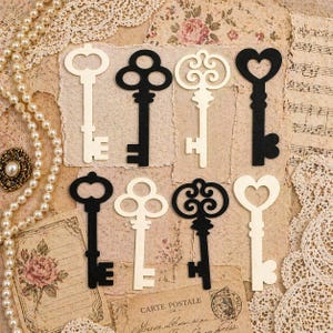 May include: A collection of decorative keys in black and off-white, with various ornate designs, including heart and clover shapes. The keys are arranged on a vintage-style background with lace, pearls, and antique postcards.